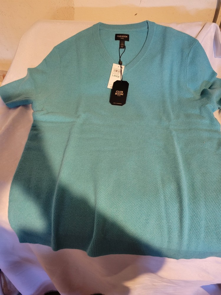 NWT Men's Charter Club Cashmere Light Blue T-Shirt Sweater - Size L