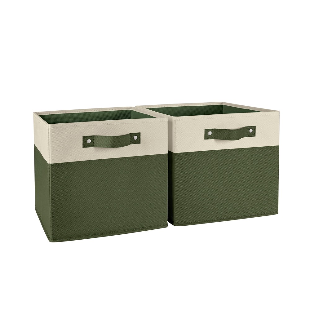 Two-tone olive collapsible fabric storage cubes with handles