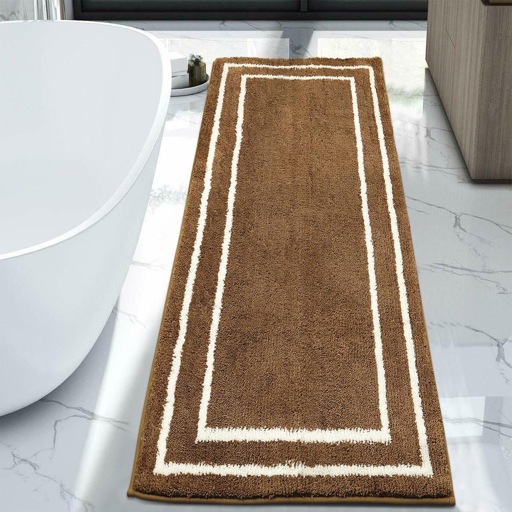 Extra Long Water Absorbent Non-Slip Brown Bath Rug Runner for Bathrooms