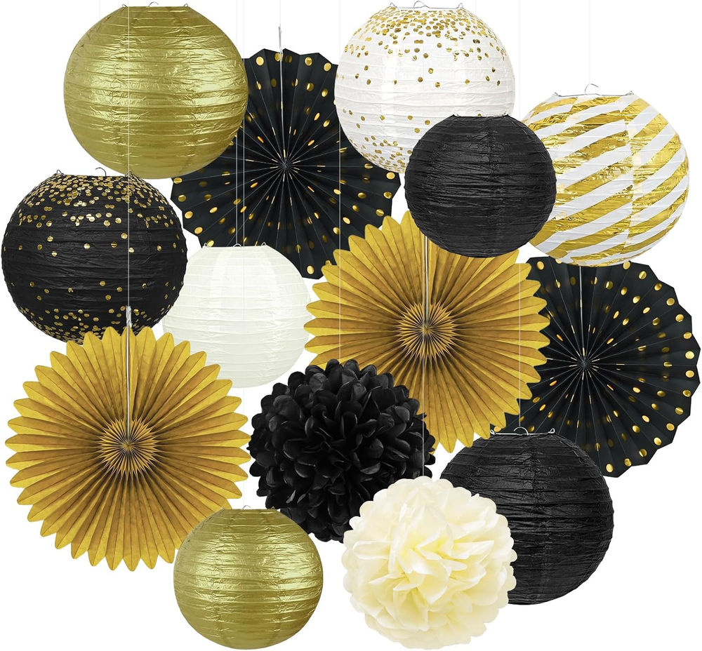 14Pcs Black and Gold Party Decorations, Hanging Paper Lanterns Fans Tissue Flowe