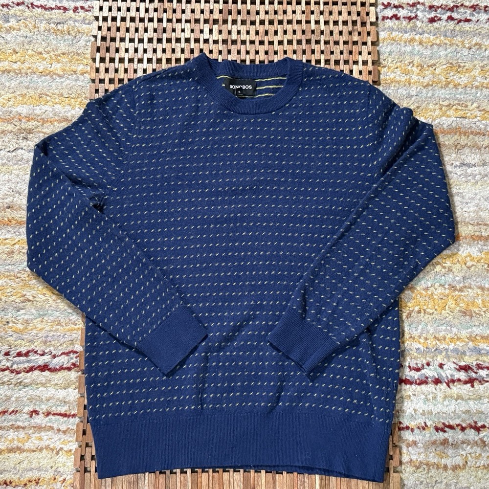 Bonobos Sweater Blue Extrafine Merino Wool Blue Yellow Crew Neck Men’s Medium M