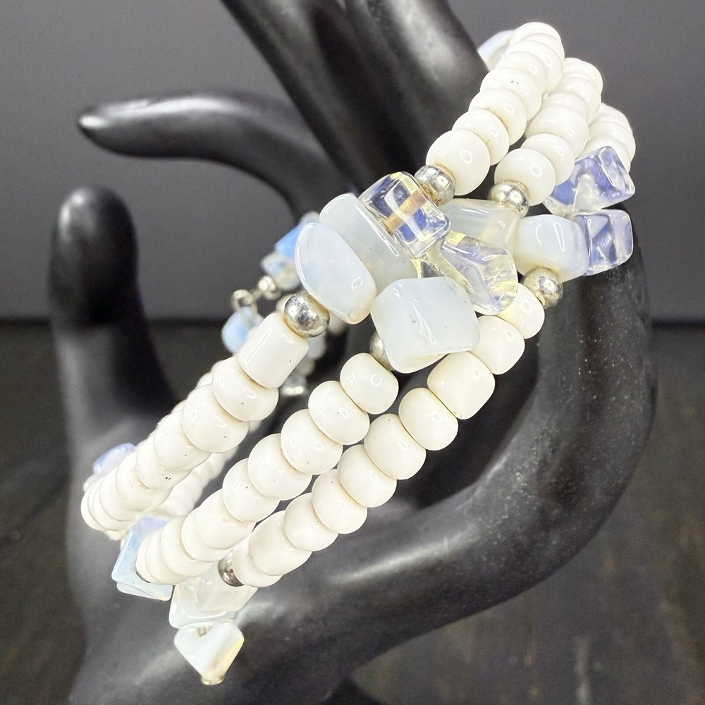 White Beaded Wrap Bracelet Stretch Memory Wire w/  Opalites  Silver Tone