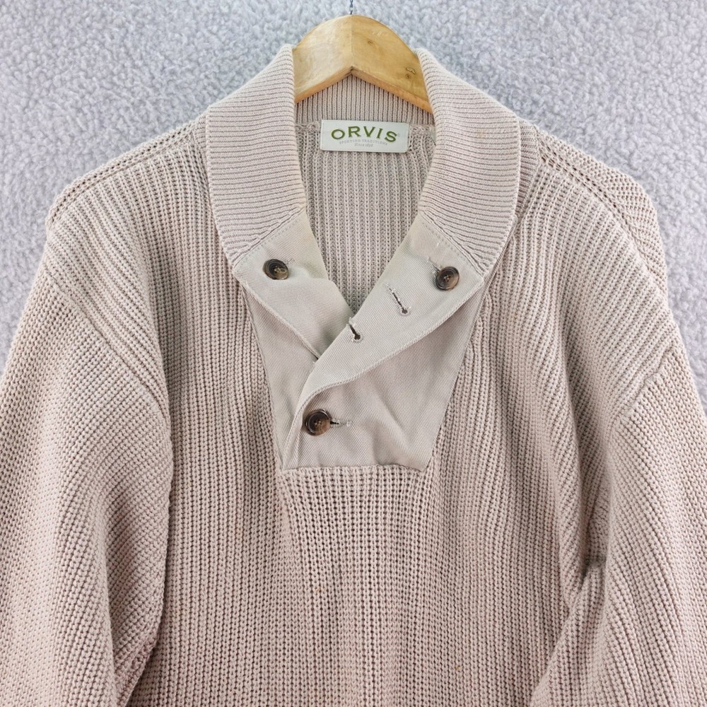 Orvis Mens  L Tan Cotton Shawl Collar Button Front Knit Sweater Elbow Patches