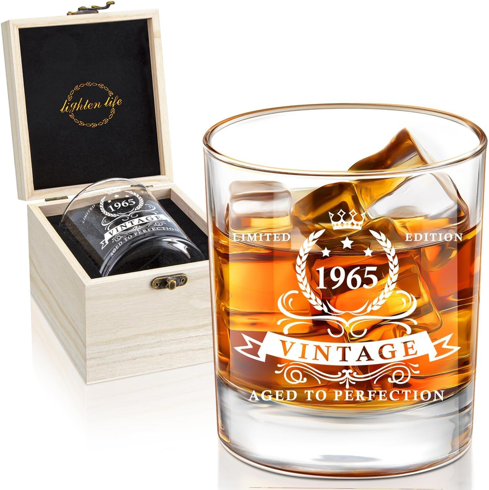 60th Birthday Gift for Men 12oz,1966 Whiskey Glass in Valued Wooden Box Birthday