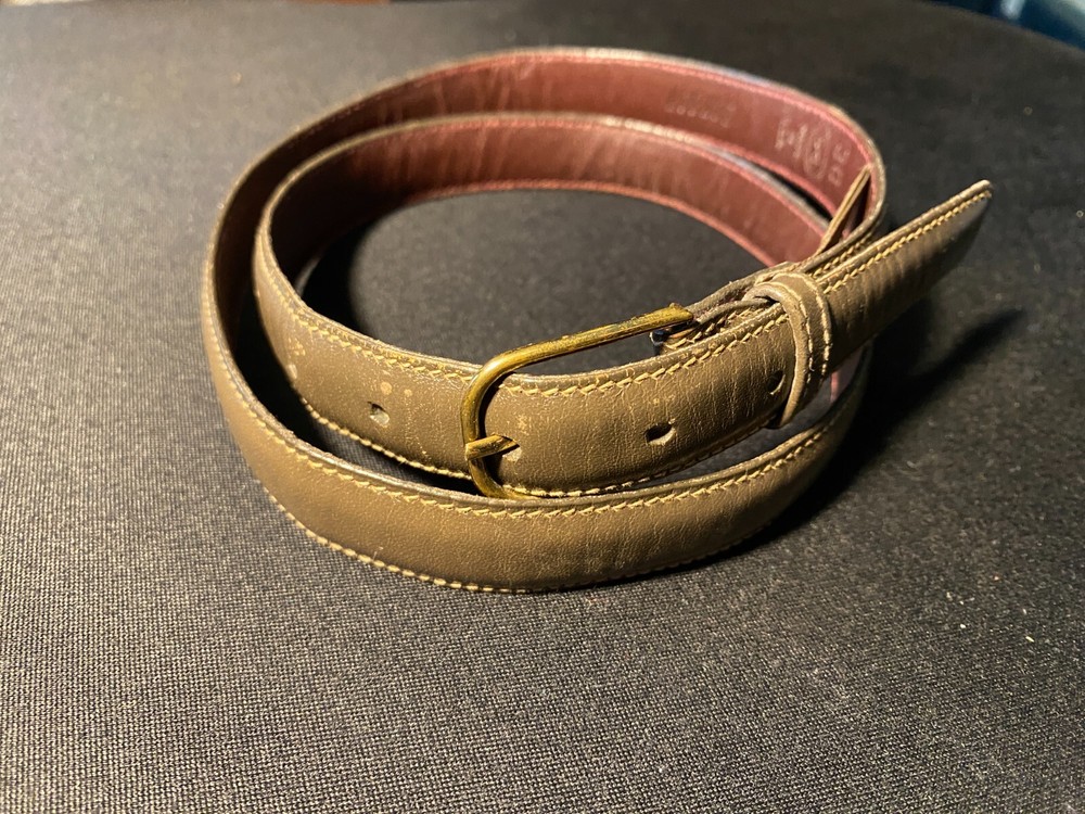 Trafalgar Belt Mens 30 Brass Leather Olive Grey Green Made in USA Extra Thin