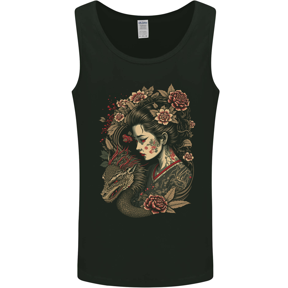 Geisha Girl With Dragon & Roses Fantasy Mens Vest Tank Top