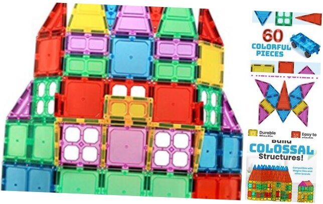 60-Piece Extra Strong Magnetic Tiles Set - Magnets for Kids, 3D Tile 60 Piece