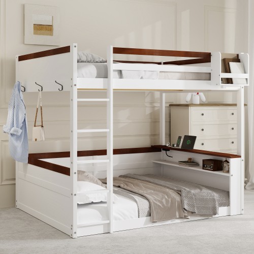 Queen Size Bunk Bed with Storage Shelves LED Lights USB Ports Modern Bedroom Furniture  