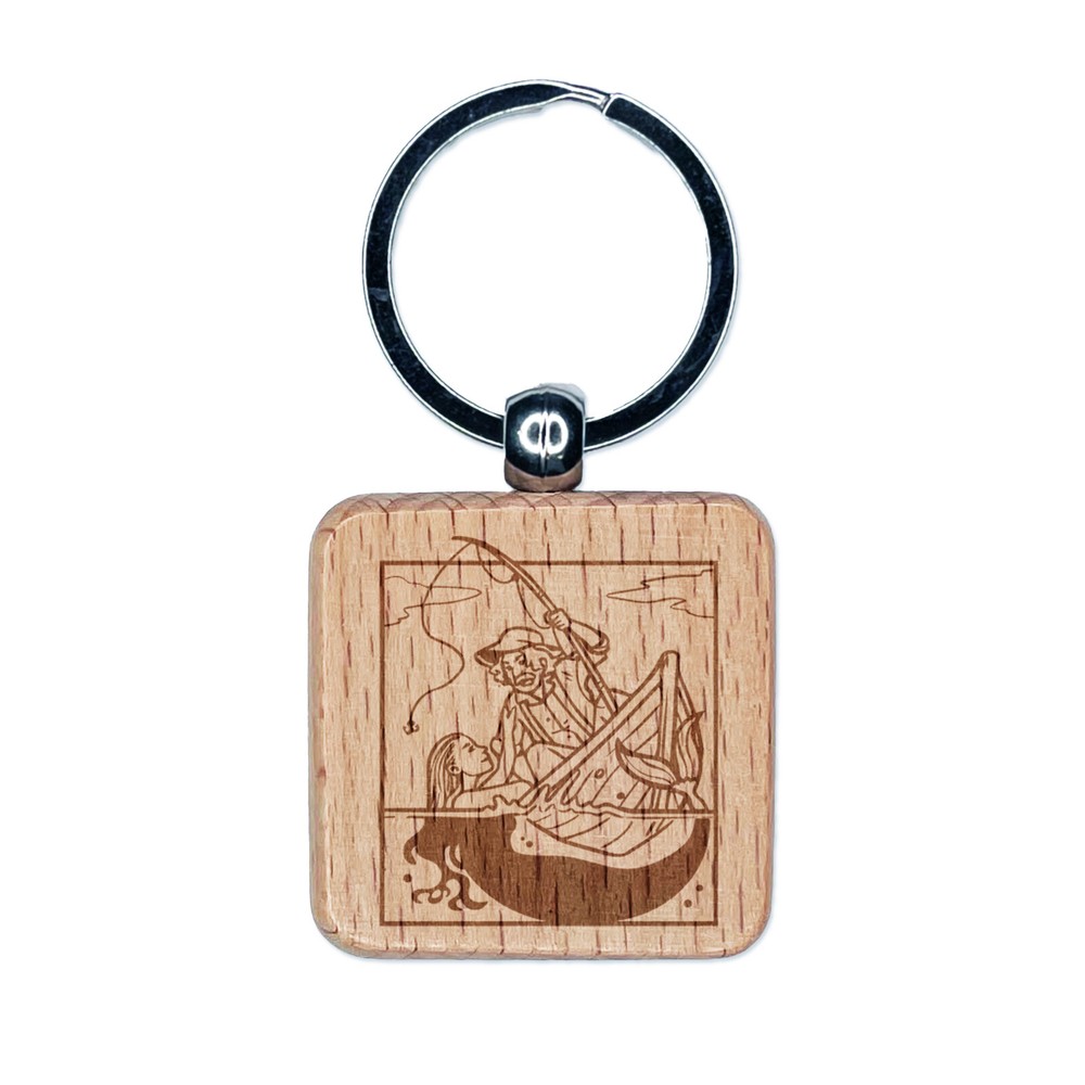 Fisherman and Mermaid Siren Engraved Wood Square Keychain Tag Charm