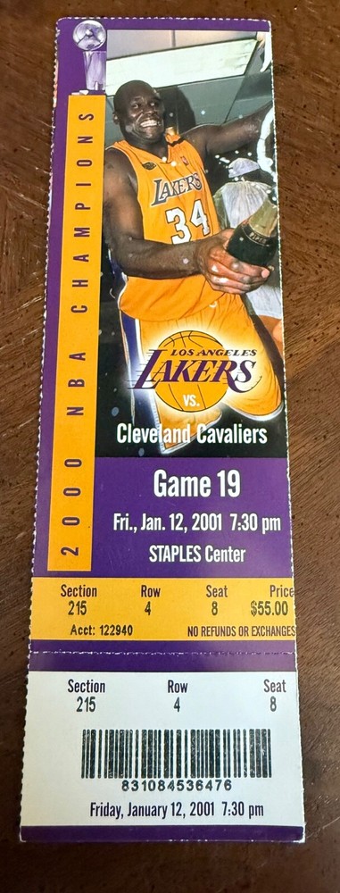 2001 LAKERS vs CAVALIERS full TICKET - KOBE 20 pts SHAQ 32 pts CHAMPIONSHIP YEAR