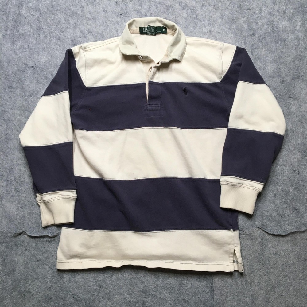 Vintage Polo Ralph Lauren Rugby Shirt Youth Medium Navy White Stripe Long Sleeve