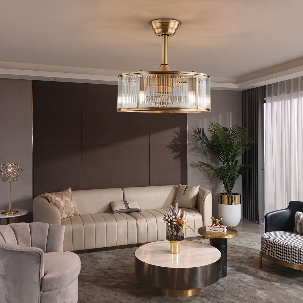 18-Inch Gold Farmhouse Ceiling Fan with Remote and 6-Speed Caged Chandelier Light