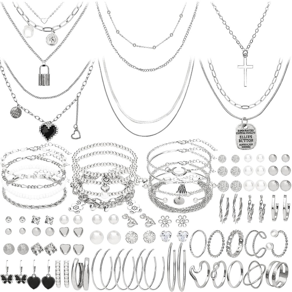 NEWITIN 100 Pieces Silver Jewelry Set for Women Fashion Costume Jewelry Silve...