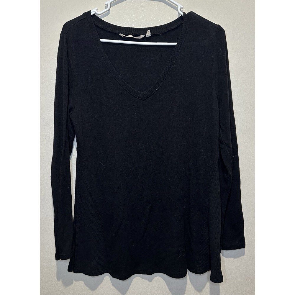 Soft Surroundings Womens Cozy Black Knit V-Neck Long Sleeve Top Size Small