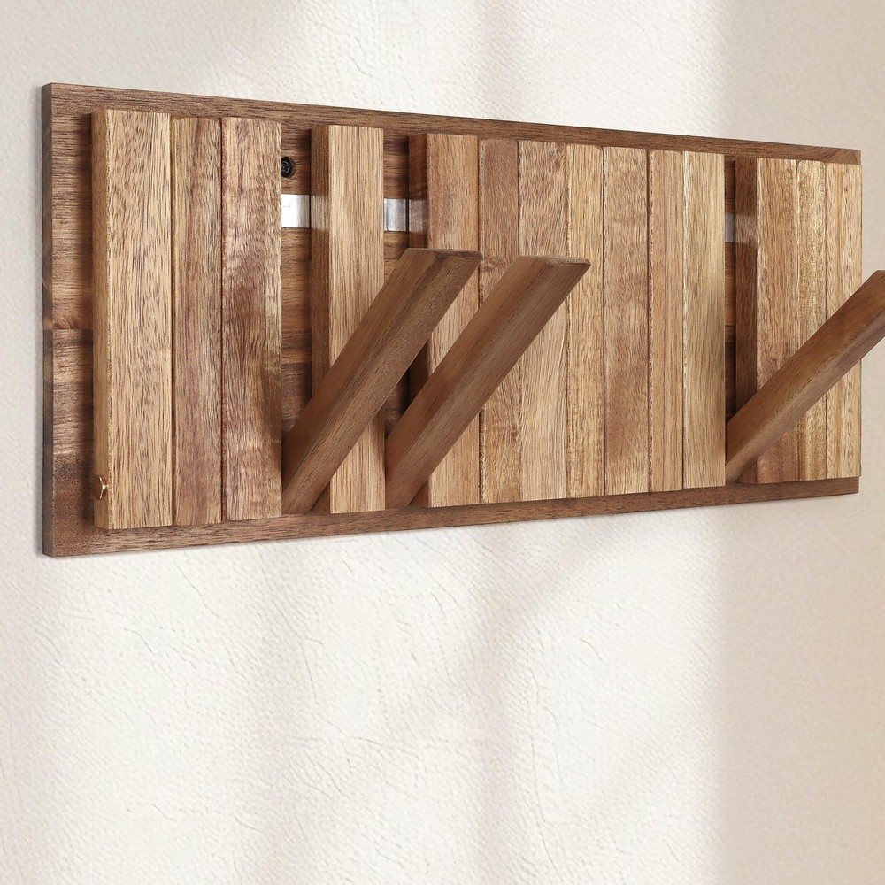 Rustic Wooden Wall Coat Rack with 8 Folding Hooks for Entryway 16.5 Inch Mountable Organizer