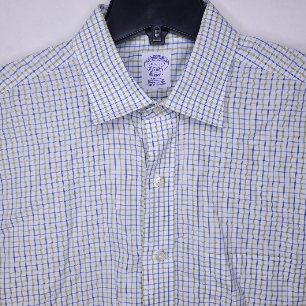 Brooks Brothers Dress Shirt Mens 16.5 Check White, Blue, Green Supima Classic