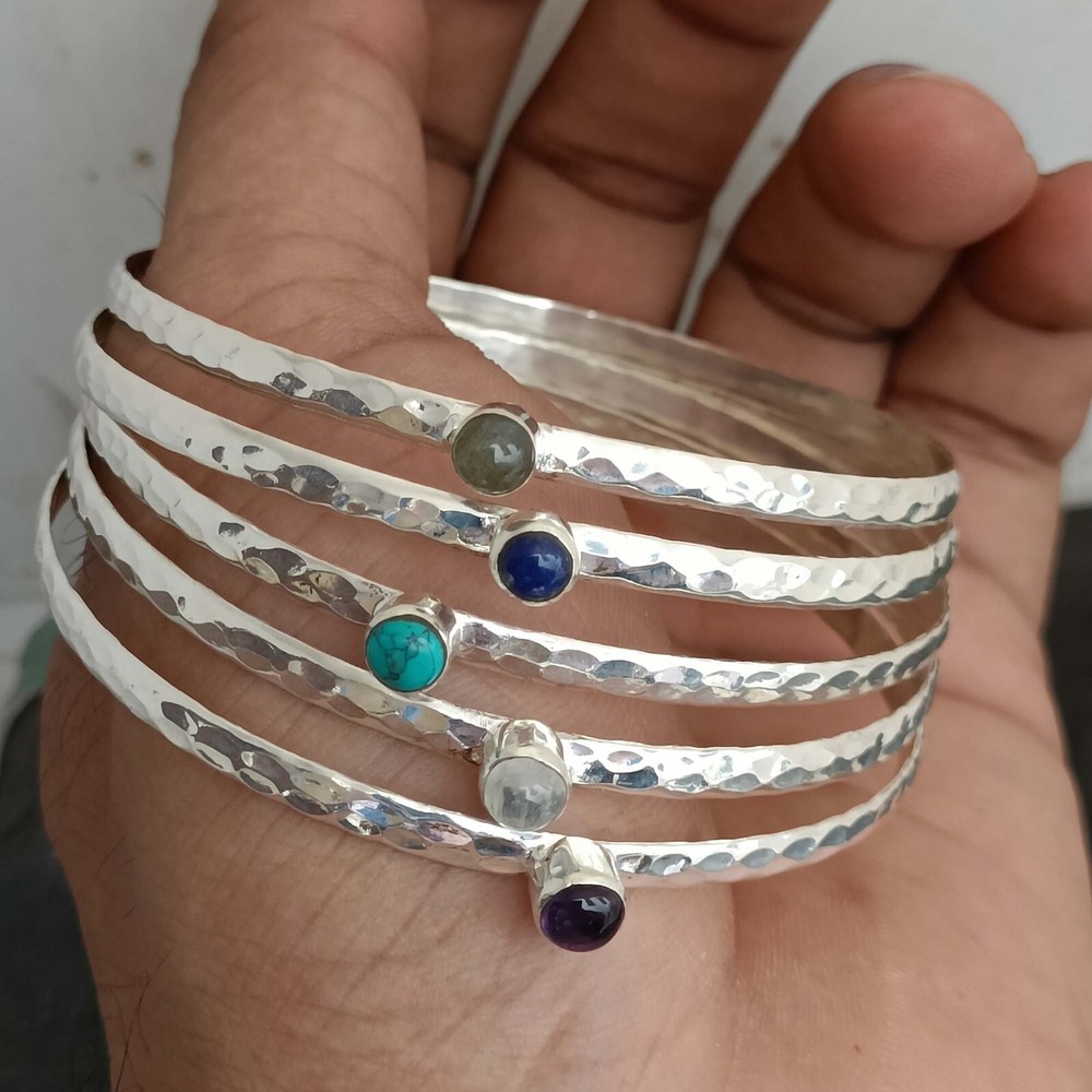 Multi Gemstone 5 Bangles Set  925 Sterling Silver Handmade Gift For Women AK1220