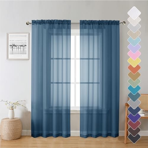 Dusty Blue Sheer Curtains 72 Inches Long 2 Panels, Light Filtering Voile