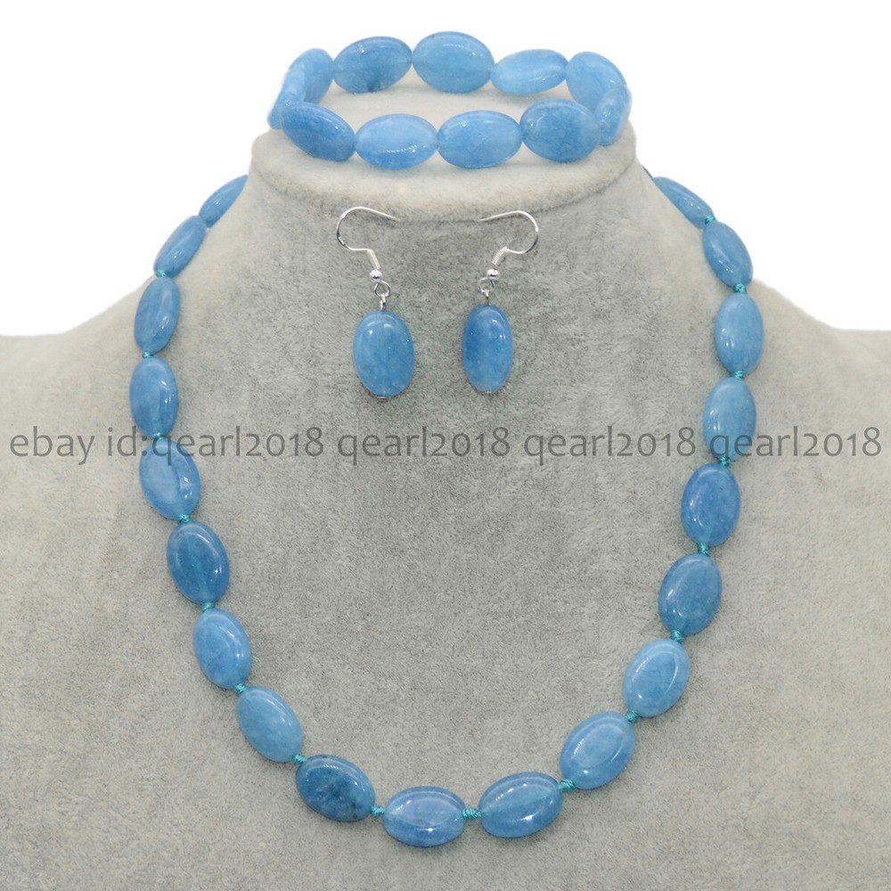 Natural Blue Aquamarine 13x18mm Oval Gems Beads Necklace Bracelet Earrings Set