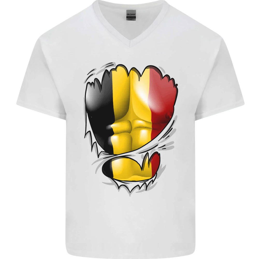 Belgian Flag Gym T-Shirt Men Ripped Muscles V-Neck Cotton Tee