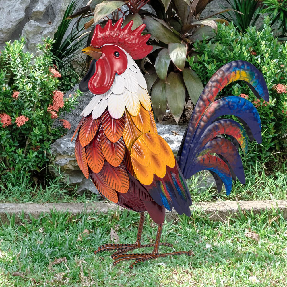 Metal Rooster Garden Statues & Sculptures, Chicken Yard Art Decor Standing Anima