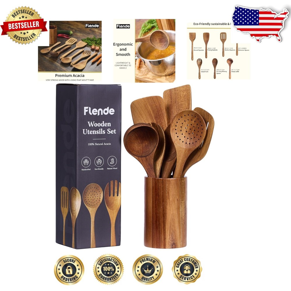 Handcrafted Acacia Wood Kitchen Utensils Set of 7 - Eco-Friendly & Durable