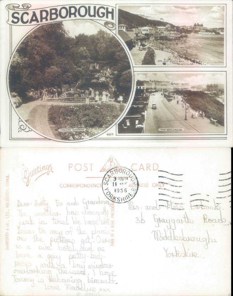Scarborough beaches and gardens Bamforth Co Ltd 1956 postmark Cities Towns