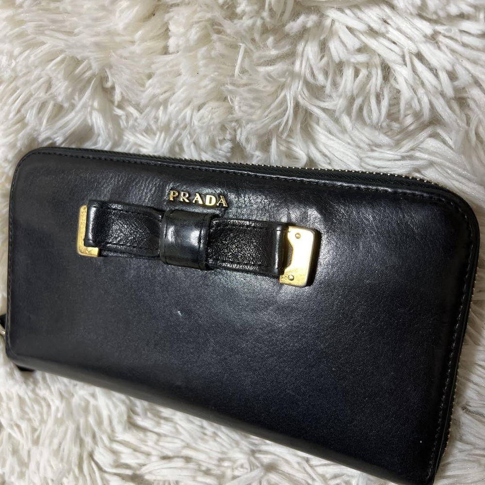 Prada Black Leather Ribbon Round Zip Long Wallet Campaign