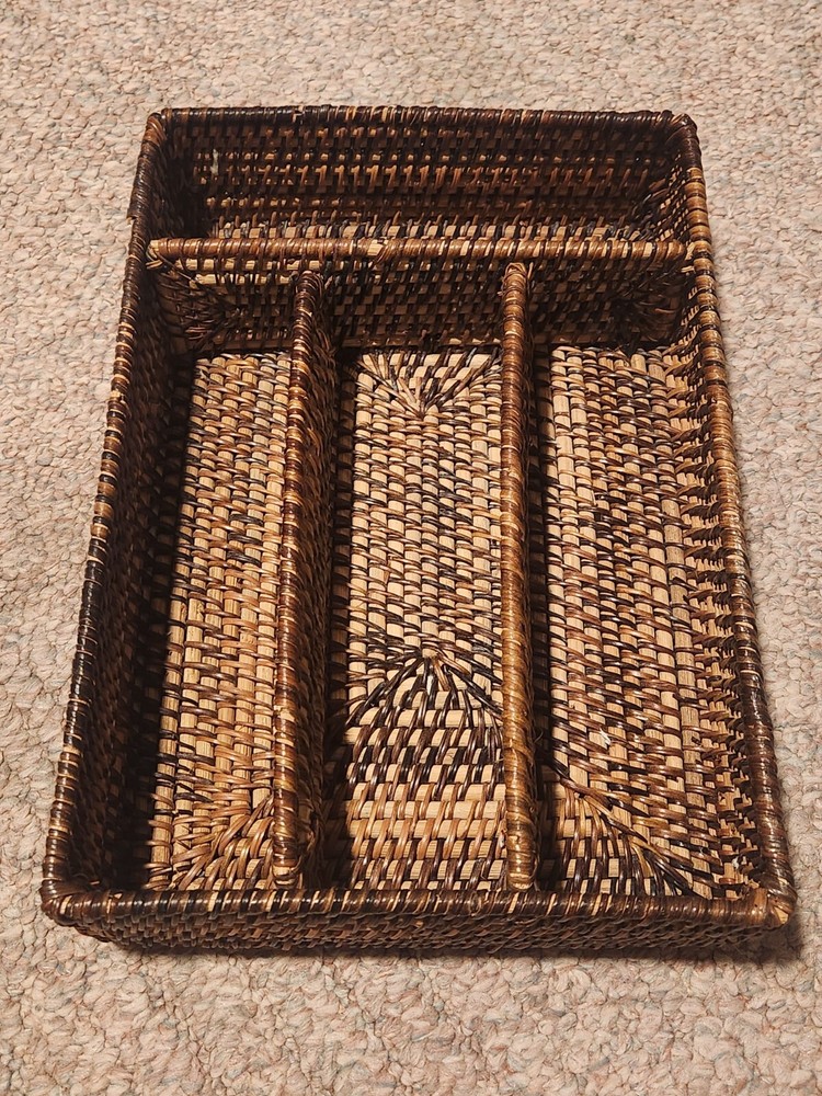 Woven Rattan Silverware Organizer - Stylish Divided Utensil Drawer Holder for Kitchen Storage