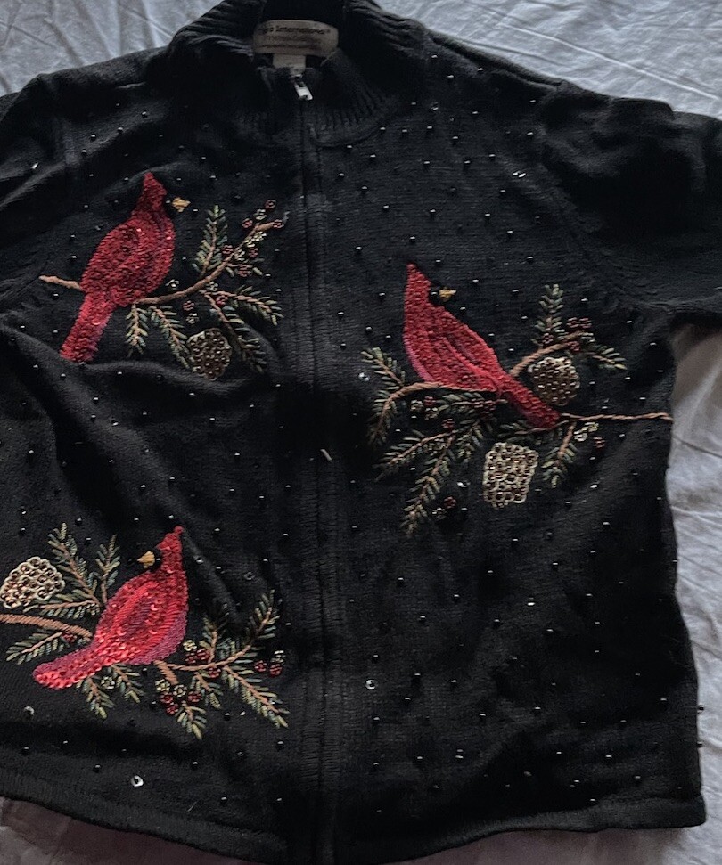 Heirloom Collectibles Christmas Cardigan Sweater Women's Sz M Black Cardinals