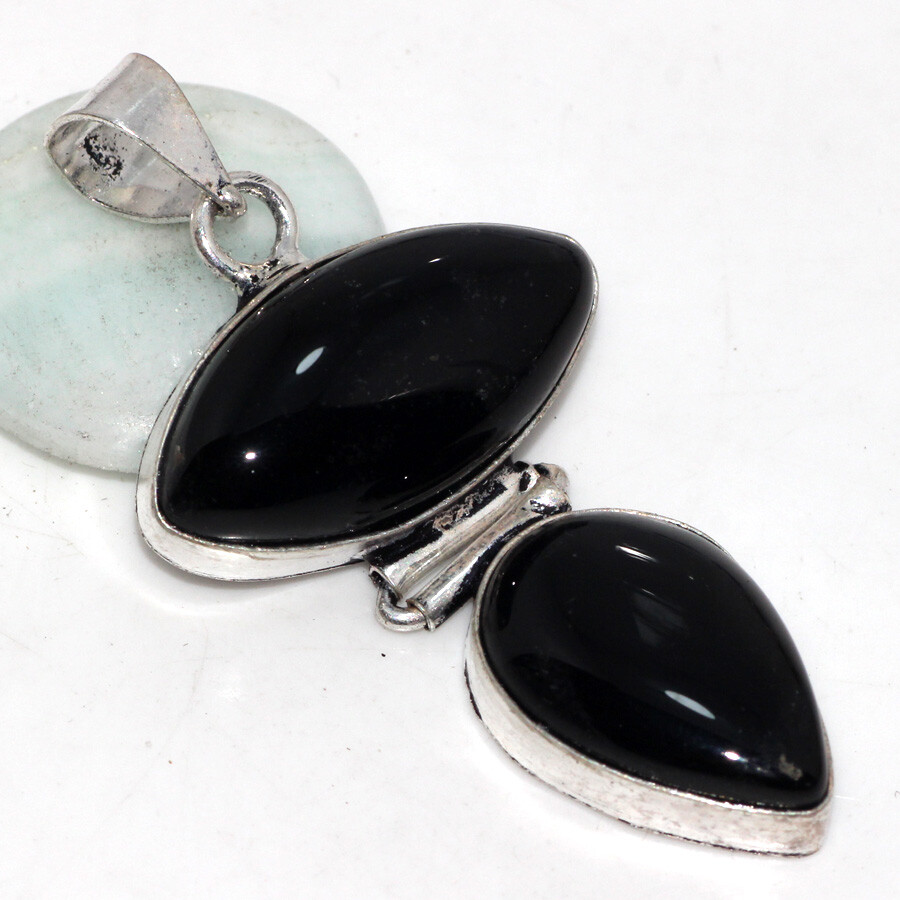 Black Onyx 925 Silver Plated Long Handmade Pendant 2.1