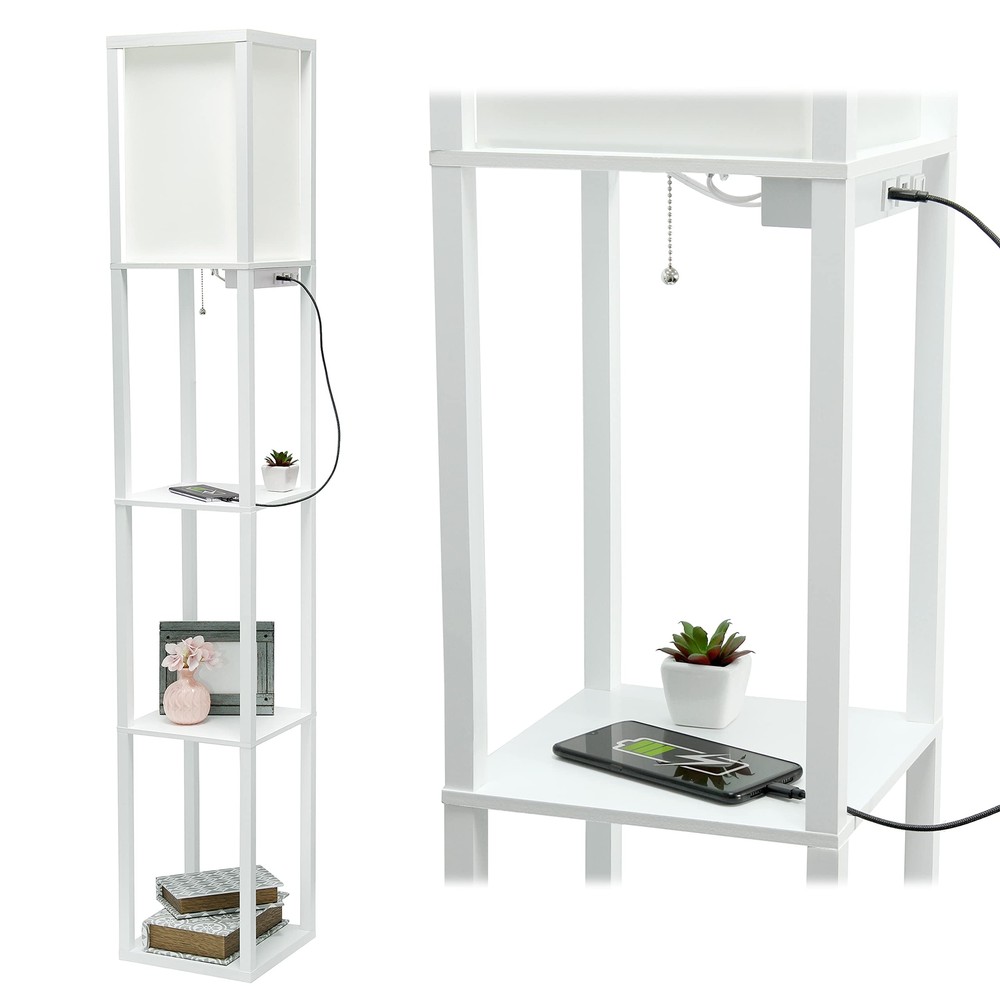LF1037-WHT Floor Lamp Etagere Organizer Storage Shelf with 2 USB Charging Por...