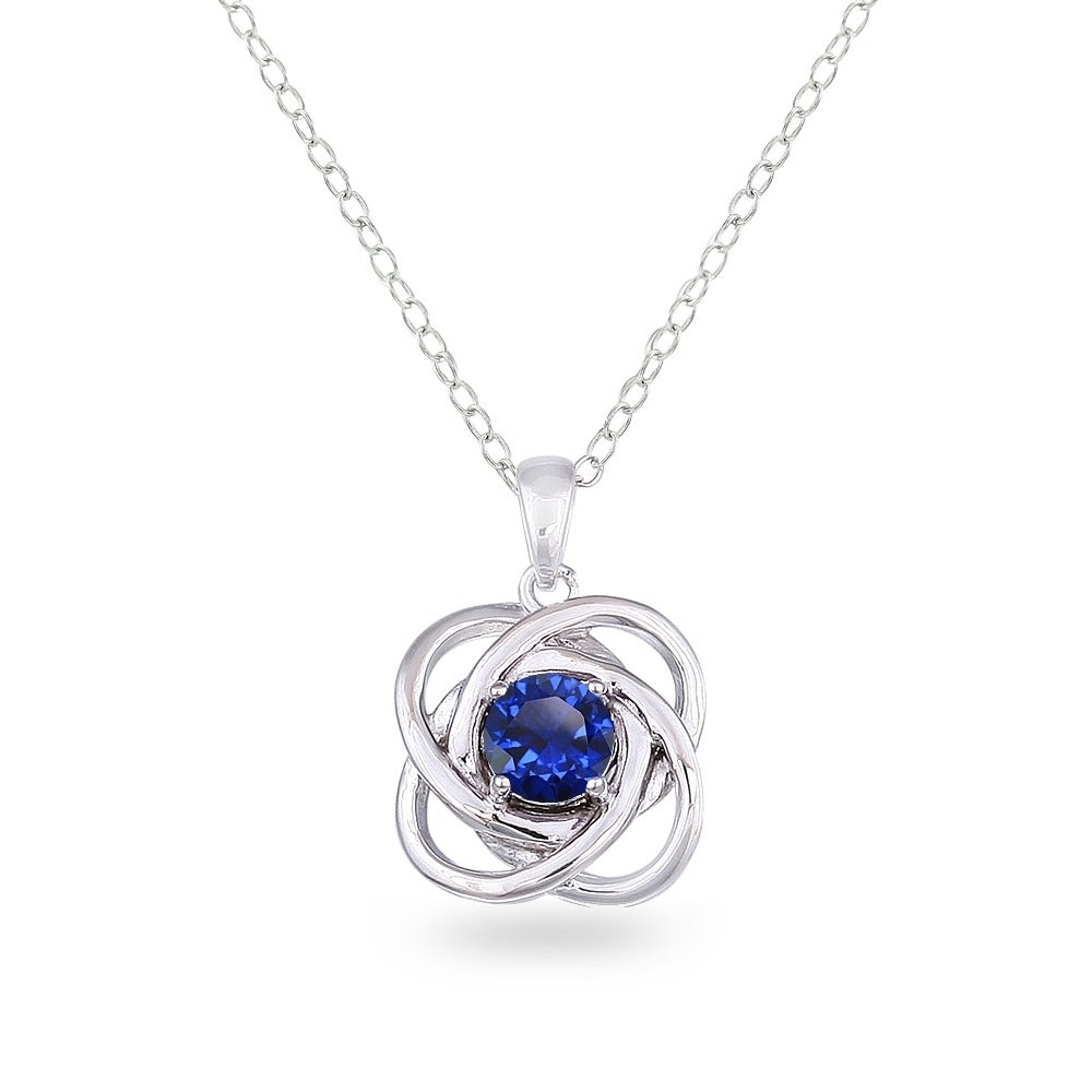 Sterling Silver Created Blue Sapphire Polished Love Knot Pendant Necklace for...