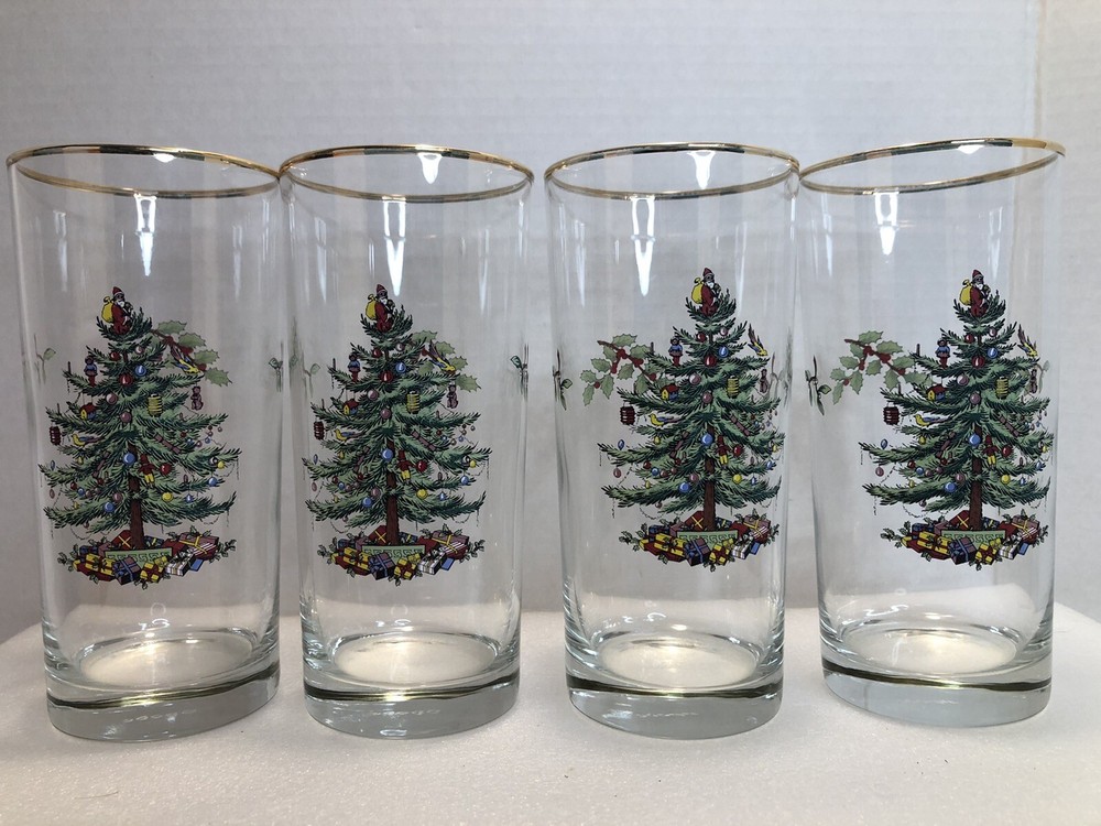 2003 Set of 8 Spode Christmas Tree Santa 15 Ounces Highballs with Gold Rims