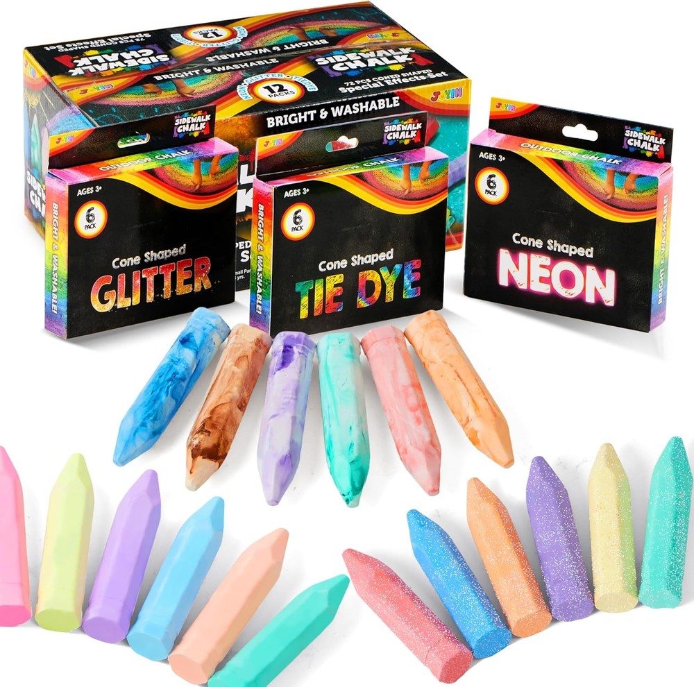 JOYIN 72 PCS Washable Sidewalk Chalks Set in 12 Packs, 18 Multicolored
