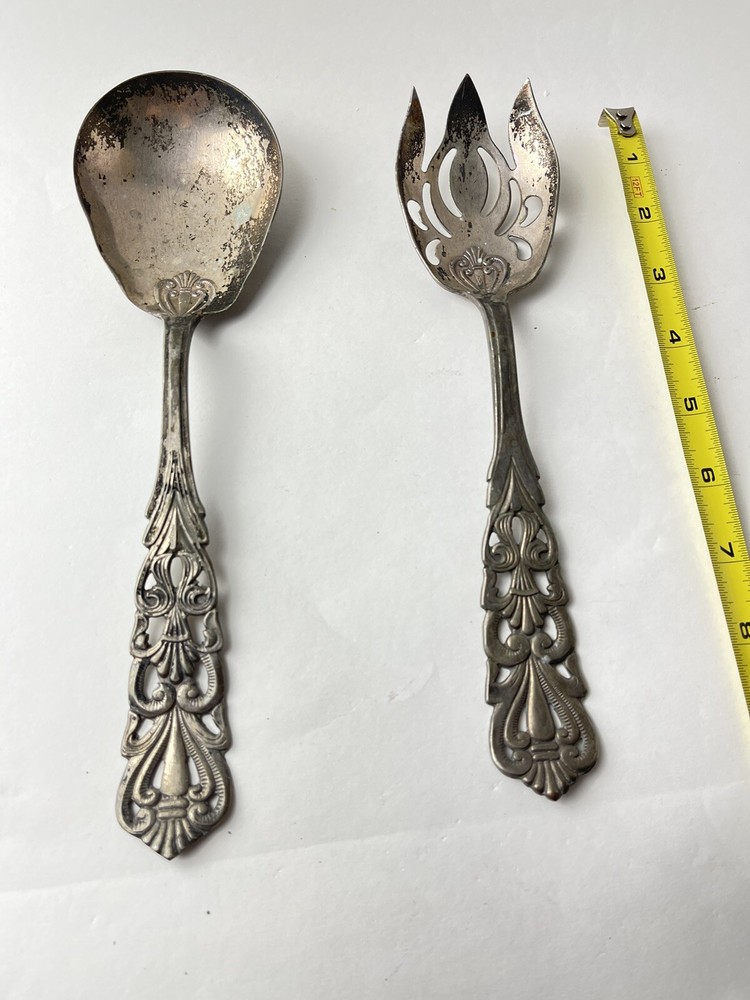 Vintage Silver Plated Flatware Pierced Salad Serving Spoon &Fork Made In Italy