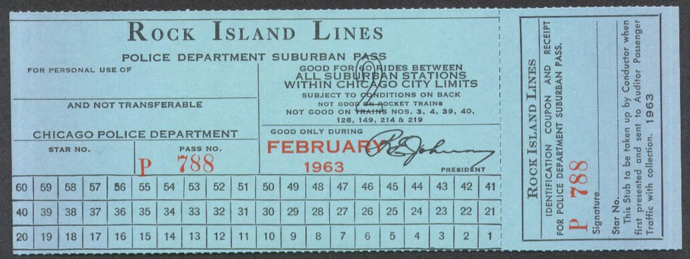 Rock Island Lines Police Department Suburban Pass Chicago City Limits 2 1963