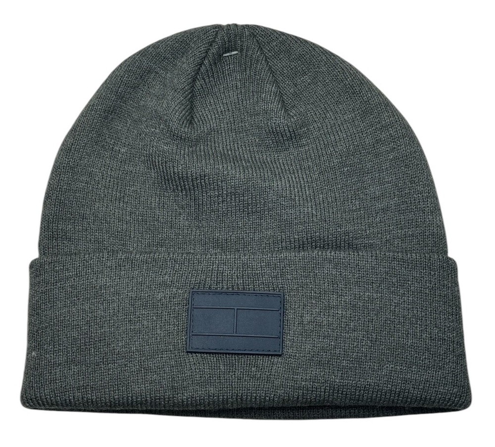 TOMMY HILFIGER Mens Grey Knit Beanie with Navy Blue Logo Acrylic One Size