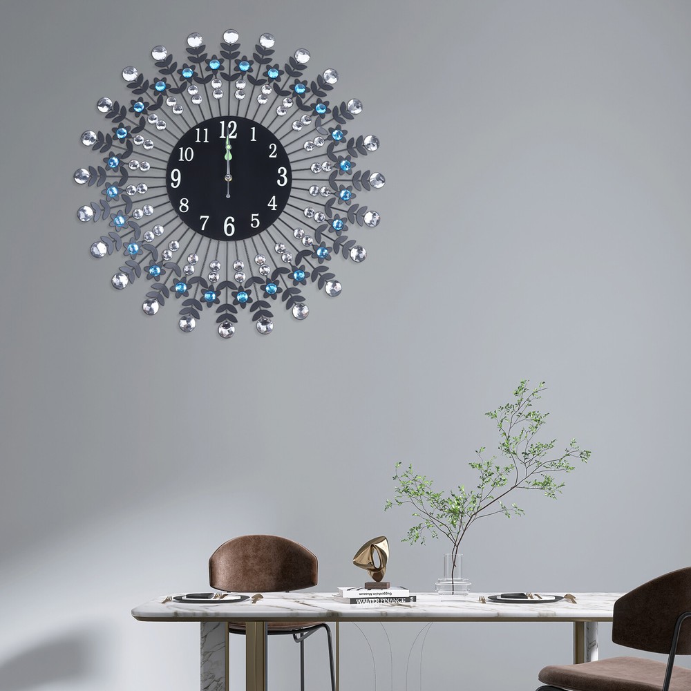 Modern Crystal Wall Clock Black 23.62inch Non Ticking Silent Clock Wall Decor