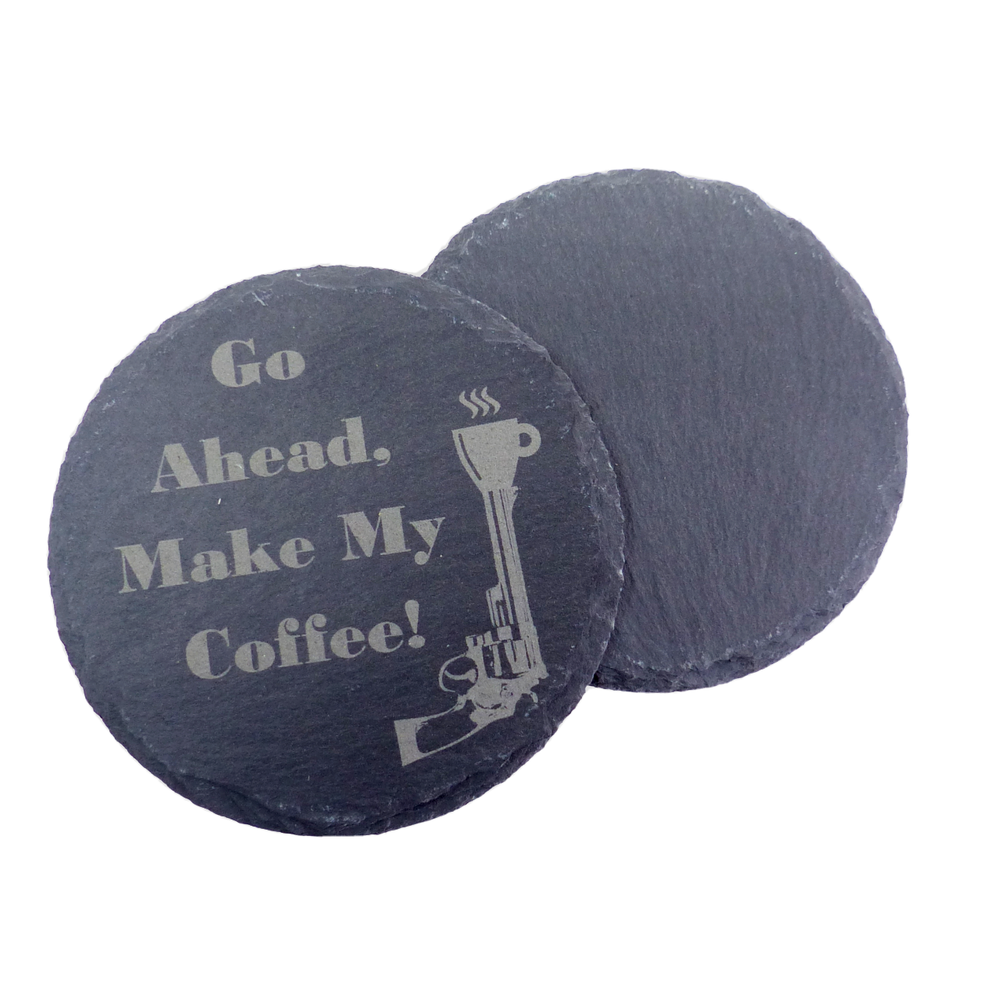 Handcrafted Round Slate Coasters with Laser-Engraved Funny Coffee Quotes by Eastwood Set of 4