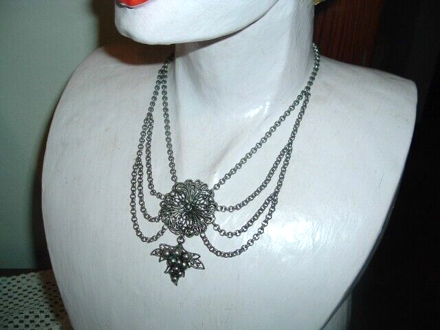 Vintage Sterling Silver Grape Cluster Festoon Necklace Arts and Crafts Era