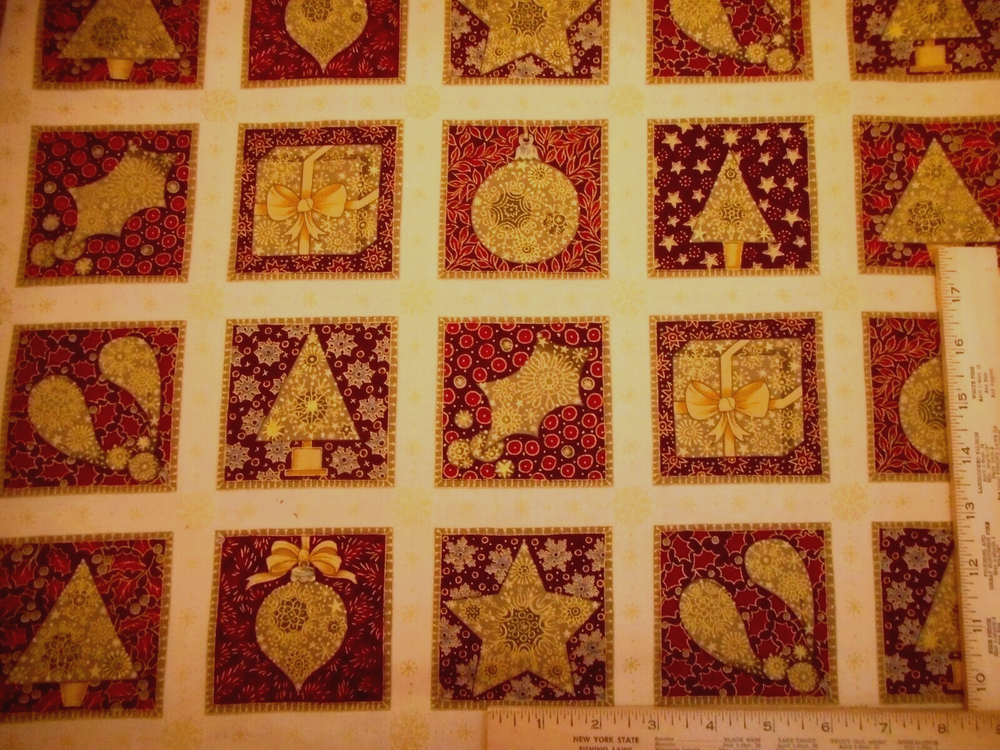 Christmas Fabric By Yard Metallic Gold Dk Red Patch on Cream Premium Cotton #6 C