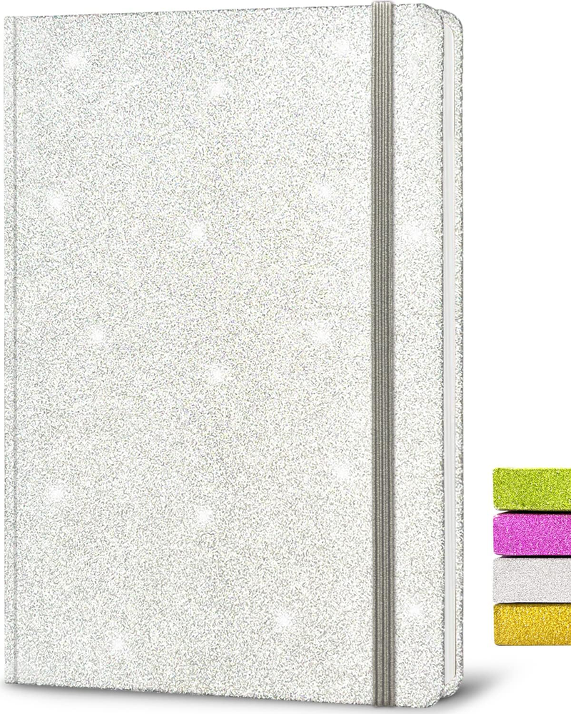 Silver Glitter Notebook A5 - 160 Lined Pages Hardcover Journal for Girls