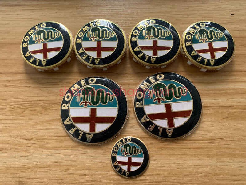 7pcs ALFA ROMEO Car Badge 74mm Hood/Rear 60mm Wheel 40mm Steering Wheel Gold