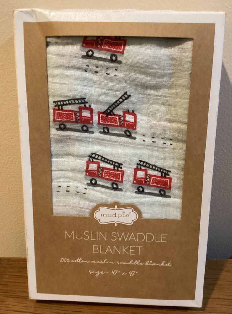 Mud Pie Baby Boys Blue Fire Truck Cotton Muslin Swaddle Blanket  47” X 47”