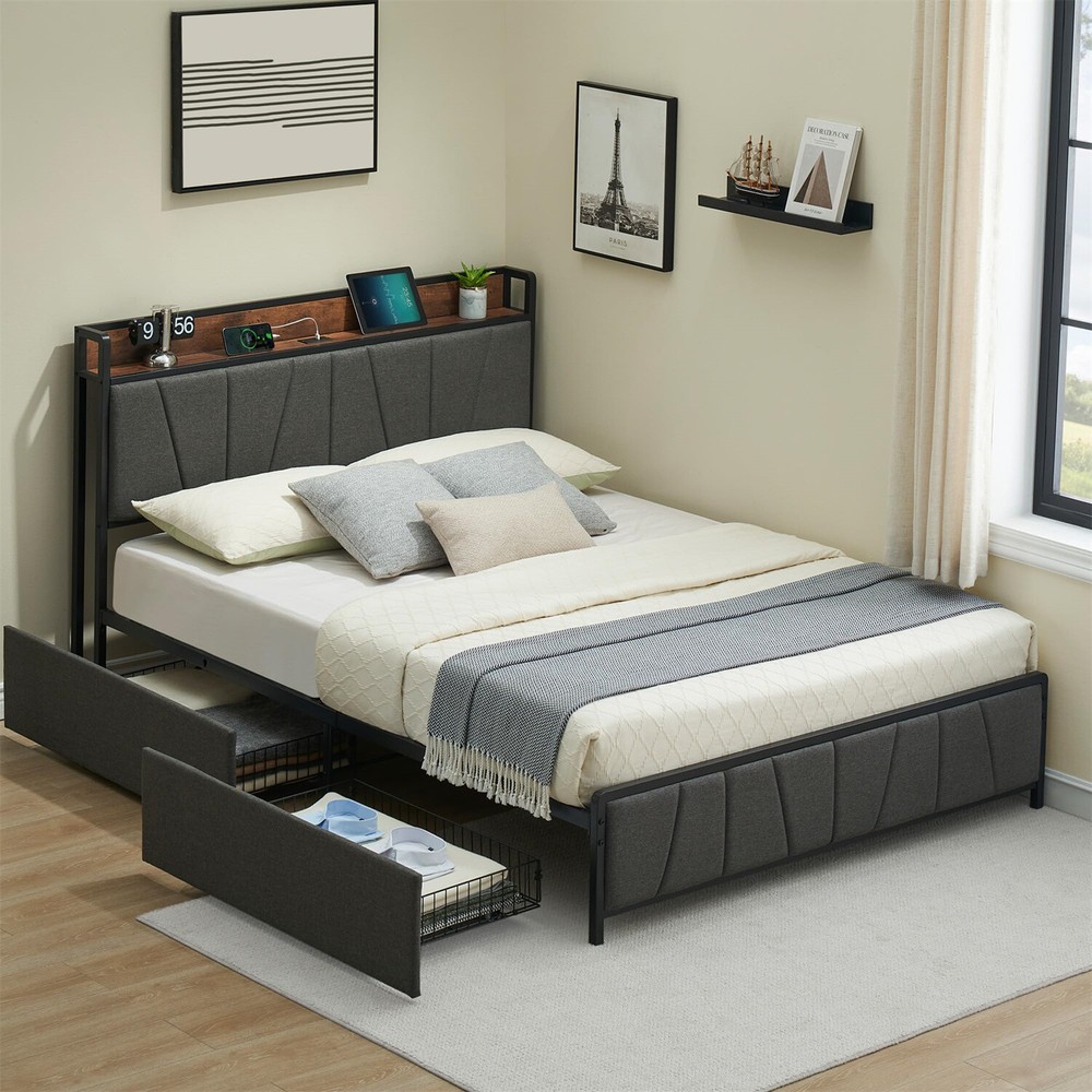 Full Size Bed Frame with 2 Storage Drawers Linen Upholstered Platform Bedframe