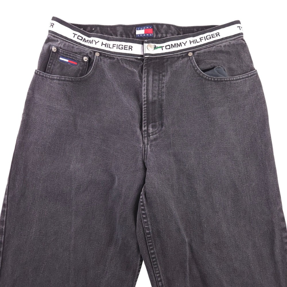 Vtg Tommy Hilfiger Jeans Mens 34x34 Baggy Hiphop Black Spell Out Waistband Skate