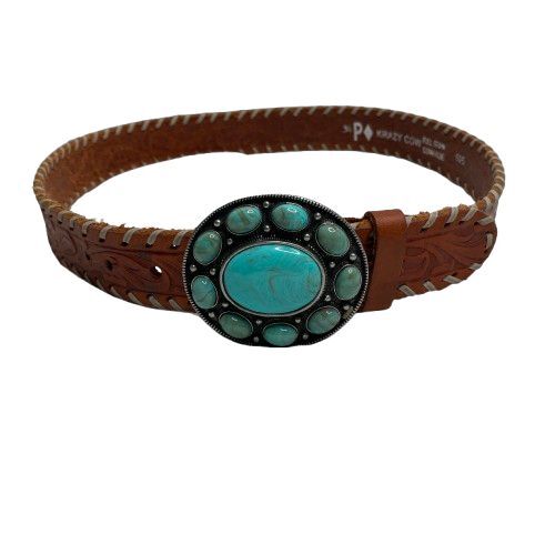 VTG Womens Western Cowhide Leather Belt Sz 34 Brown Tooled Turquoise Buckle Boho
