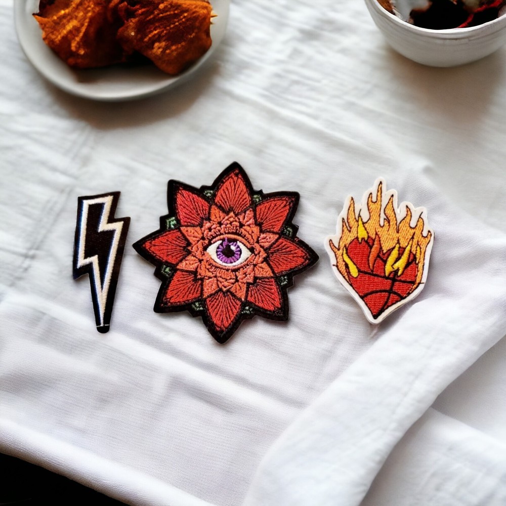 Patches Eyeball Flower Flame Iron On or Sew set of 3