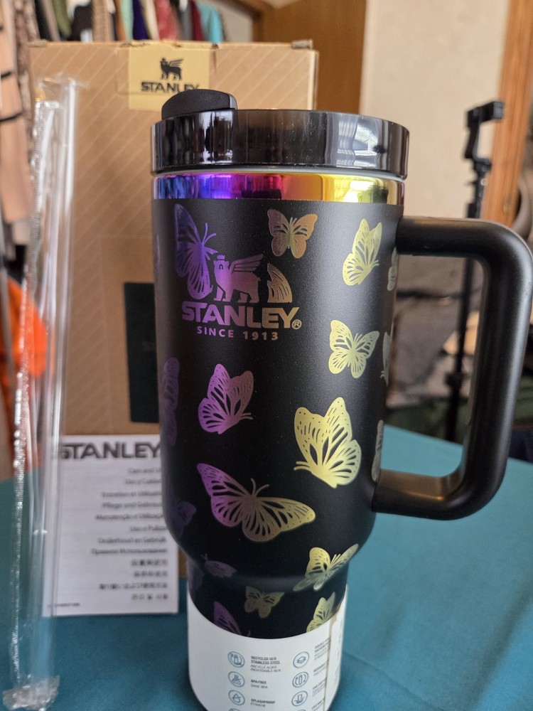 New Stanley 40 oz Lazer Etched Black Butterfly Tumbler. NIB.   #281
